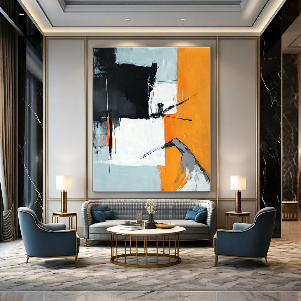 Large abstract painting in orange black and white featuring a grey figure reaching down against a light blue background.STSC725