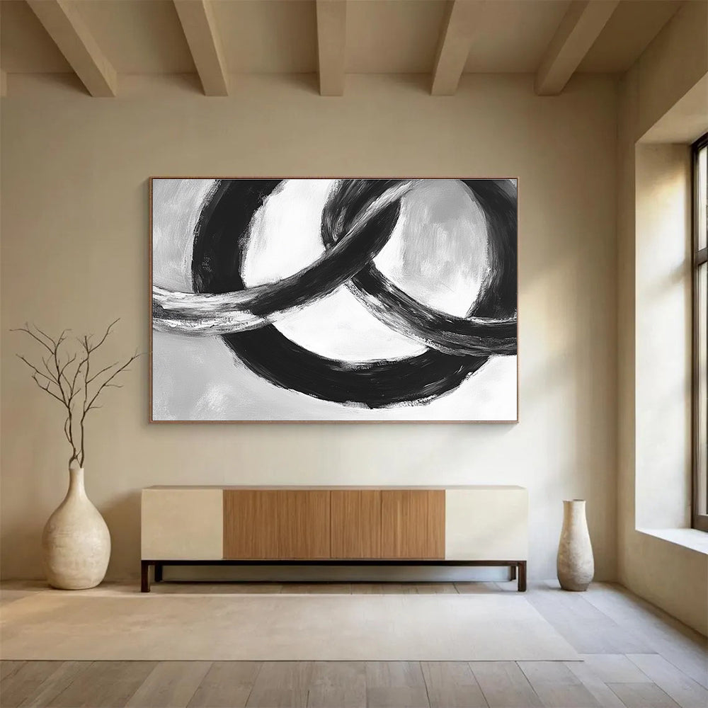 Black and White Linked Rings Abstract Painting with Bold Brushstrokes DYP175