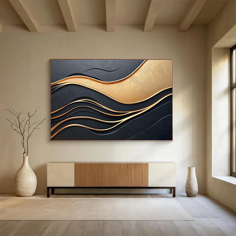 Black and Gold Waves Abstract Painting with 3D Effect DYP166