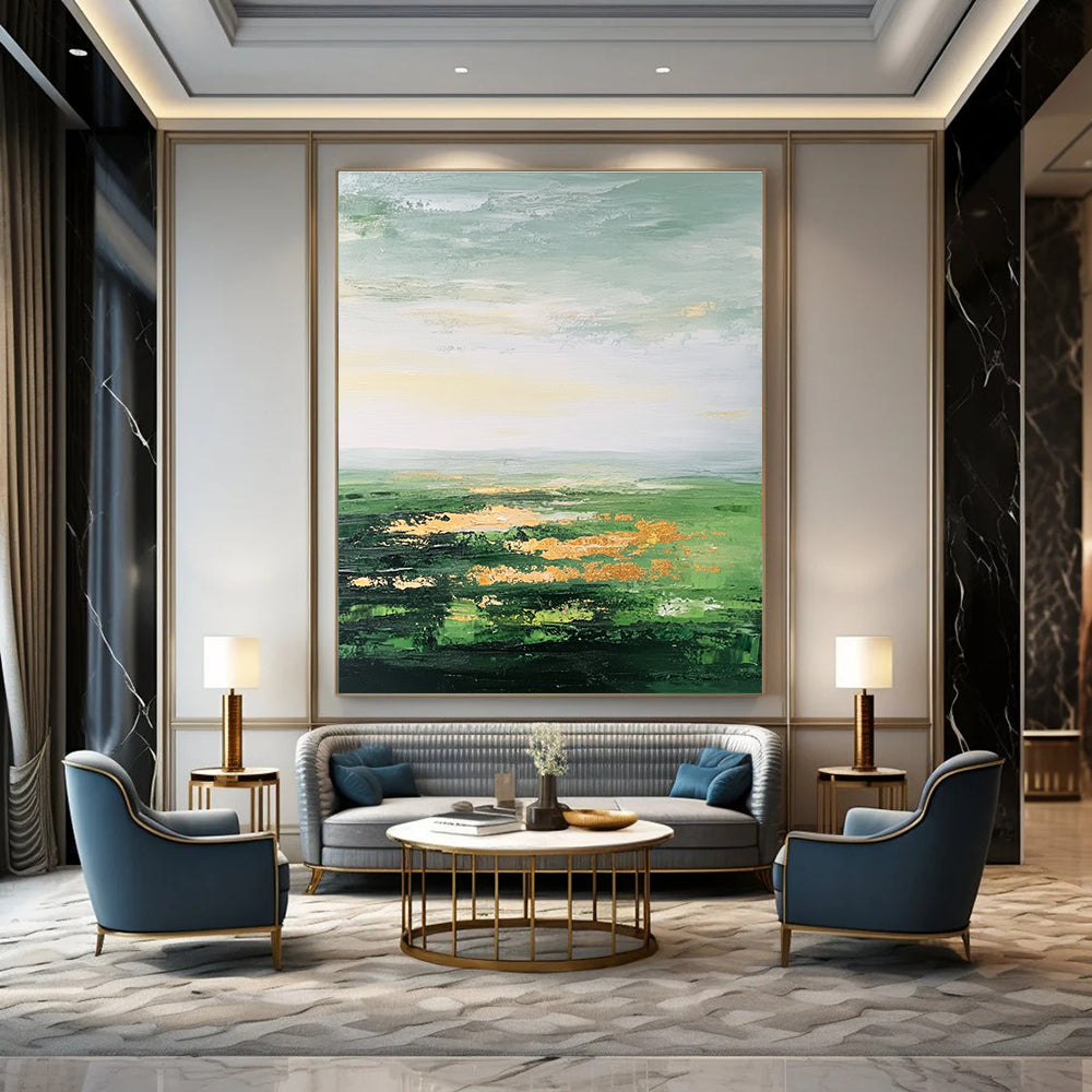 Large abstract painting featuring a vast green landscape soft sky gold accents and thick brush strokes for a dreamy blurry effect.STSC887