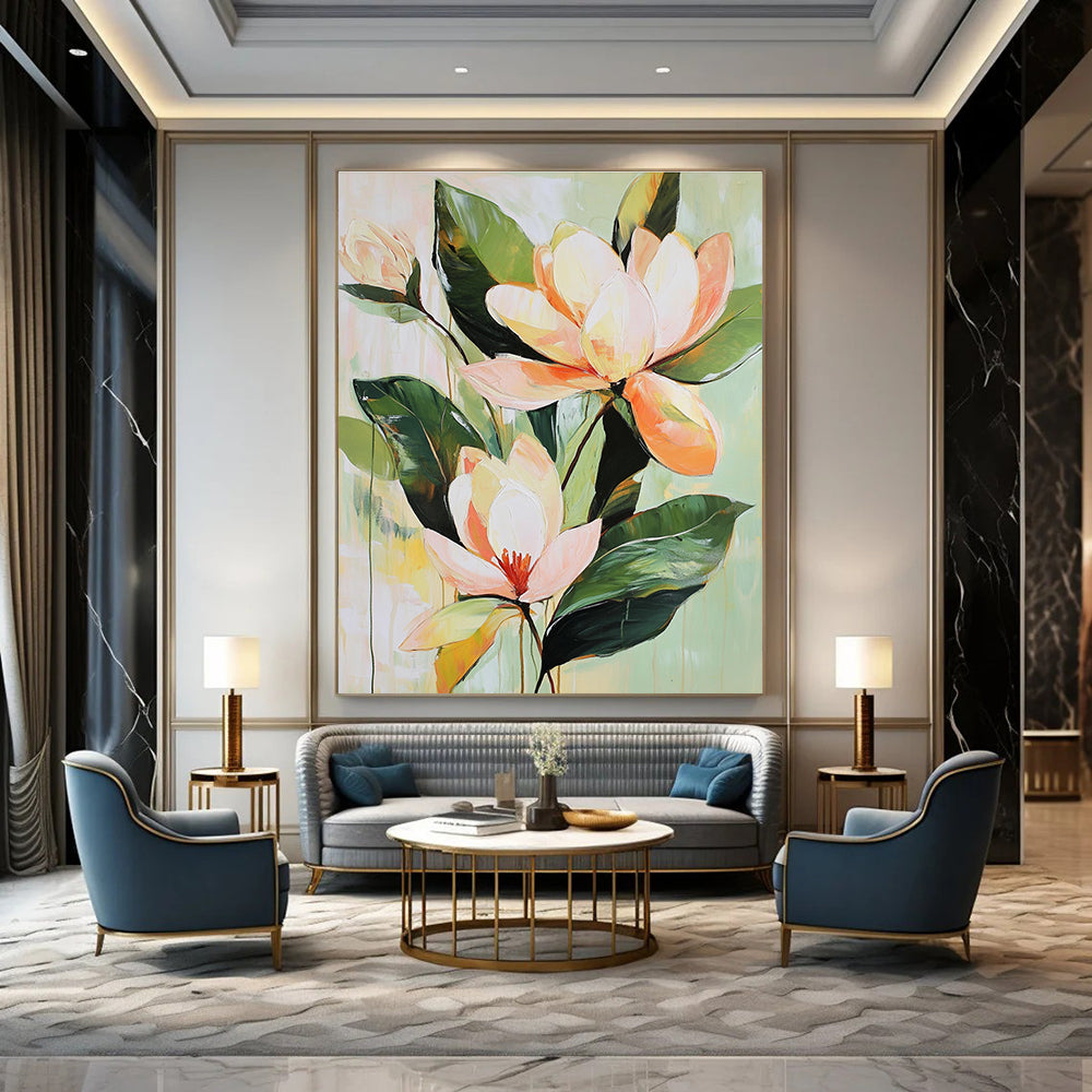 Large abstract painting of tropical flowers and magnolia blossoms in soft tones with a vintage brushstroke style on a pale green background.STSC355