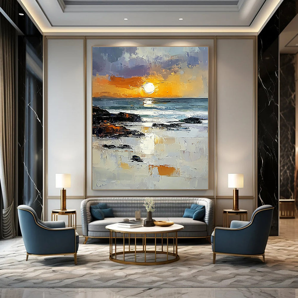 Abstract painting capturing the Irish coast with vibrant orange sunset rocks and reflective water showcasing textured brushstrokes in a bright sky.STSC882