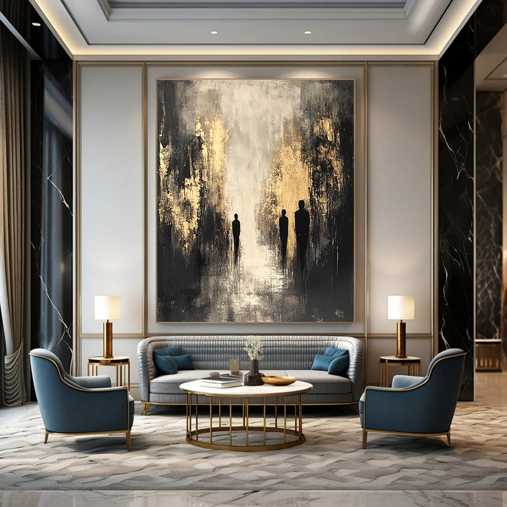 Large abstract painting featuring dark gray and beige tones with gold highlights and black silhouettes creating a shadowy cityscape in a contemplative mood.STSC371