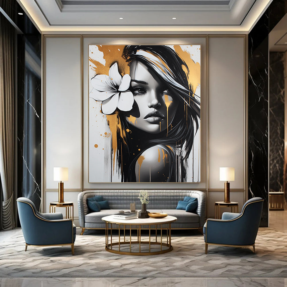 A stunning abstract painting featuring a beautiful woman with a white flower in her hair adorned with gold and silver paint splatters in FyaBeats style.STSC904