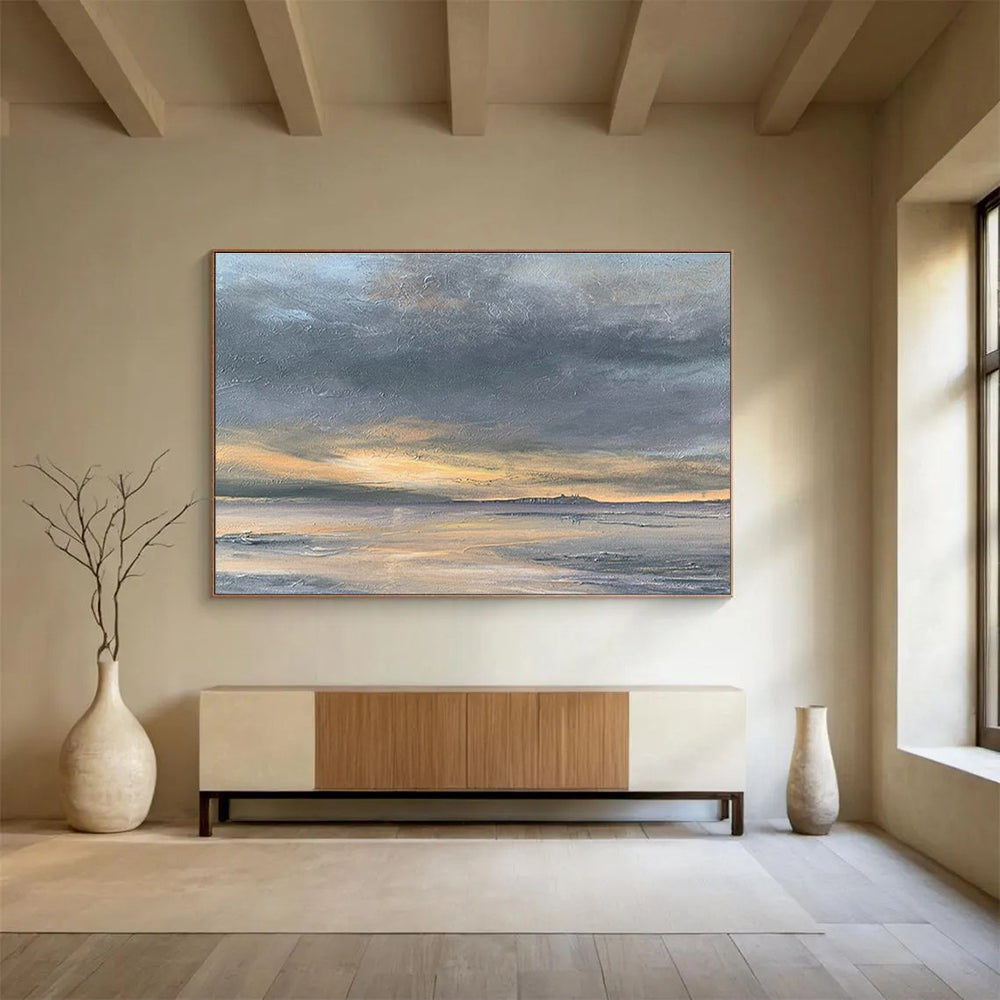 Grey Orange Sunset Sea Sky Abstract Painting THY022
