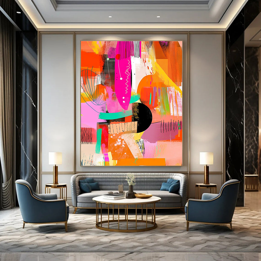 A large abstract painting featuring vibrant pink orange yellow green and black hues with dynamic shapes textures and patterns for modern decor.STSC1222