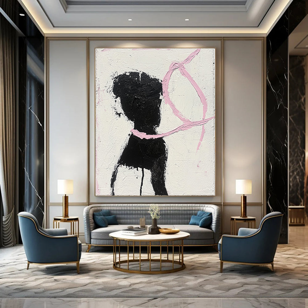 Abstract painting featuring a woman in black and white dancing with a pink ribbon surrounding her neck showcasing visible brush strokes and textured canvas.STSC1334