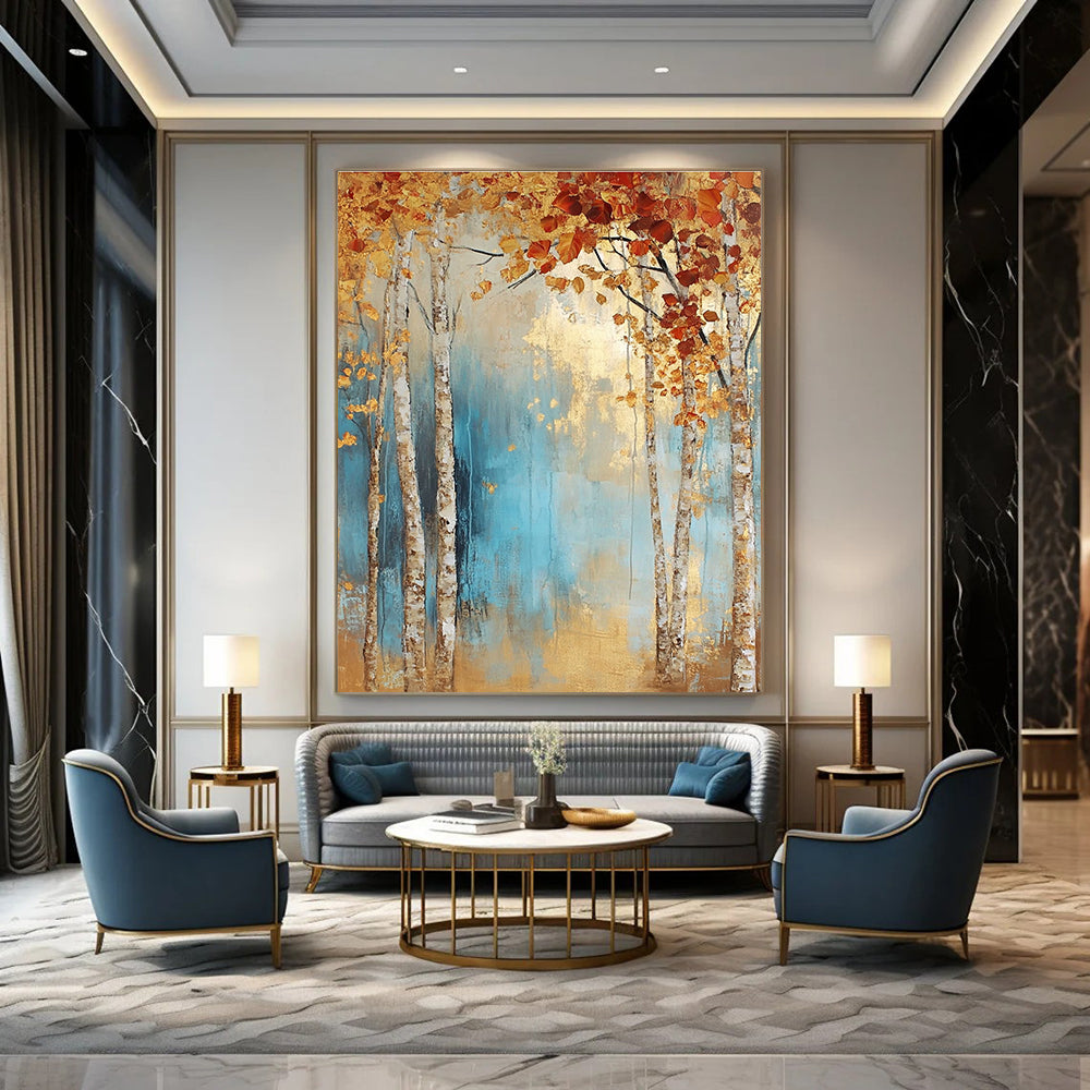 Large abstract painting of birch trees in autumn leaves with light blue and gold tones on a textured canvas.STSC301