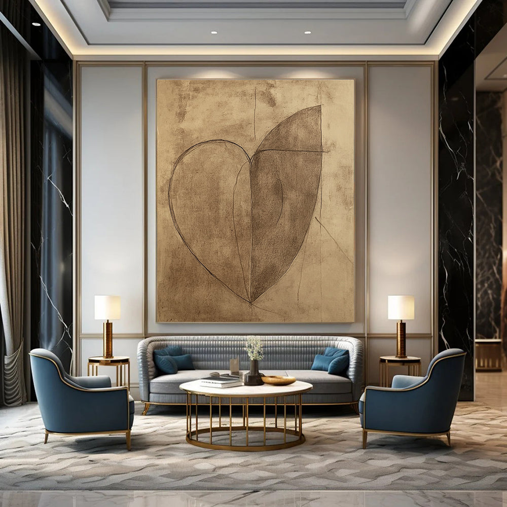 Large abstract heart drawing on brown paper featuring a continuous line shaped like a half-moon.STSC983