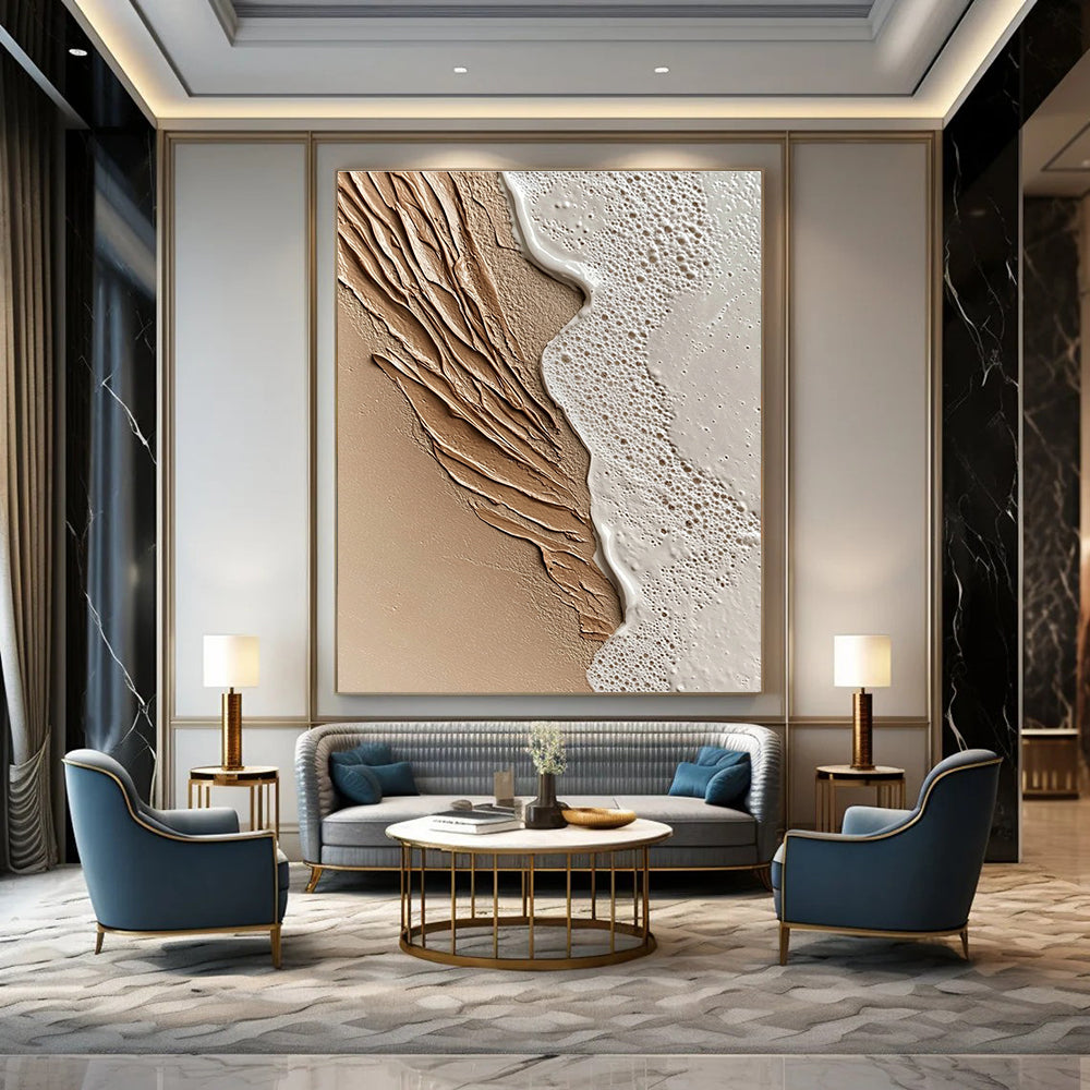An abstract painting capturing close-up sand and serene waves at sunset featuring intricate details and a soothing beige color scheme.STSC943