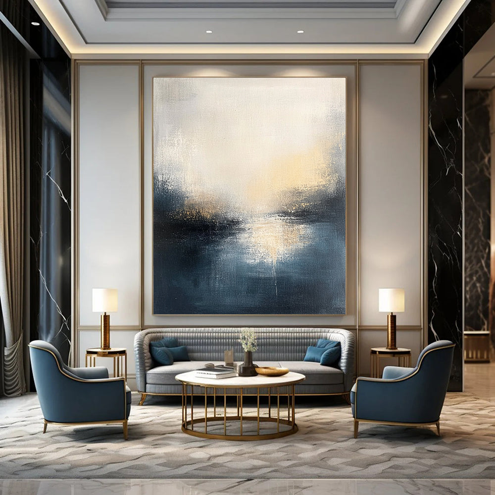 Large abstract oil painting featuring a misty gray and dark blue seascape with light yellow sun rays illuminating the horizon.STSC169