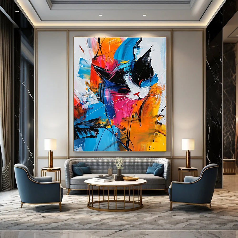 Large abstract painting featuring colorful shapes and lines with expressive brushwork and dynamic lighting on a white background with blue accents.STSC306