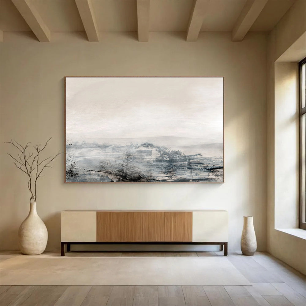 Muted Landscape Abstract Painting with Soft Grey and Beige Tones THY136