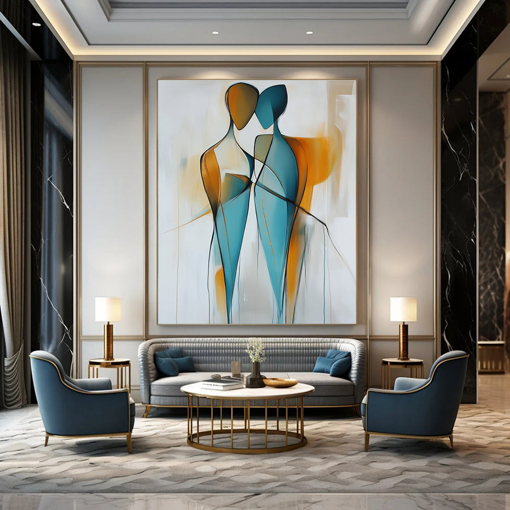 Large abstract painting featuring two figures in light blue and amber hues with smooth lines and golden details on a light gray background.STSC714