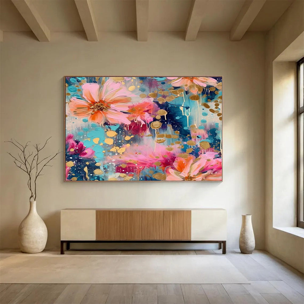 Floral Fantasy Abstract Painting with Pink, Blue, and Gold Accents THY289