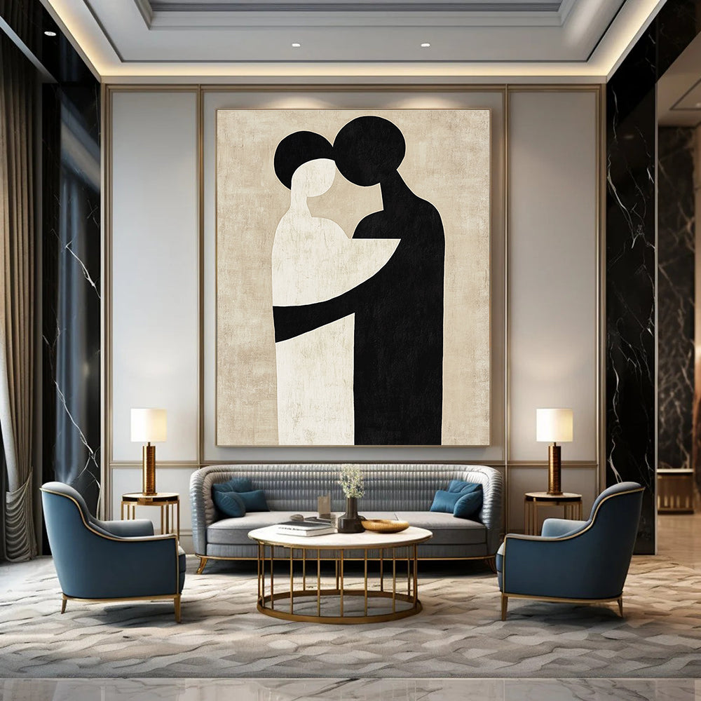 Large abstract artwork featuring black and white shapes that suggest an embrace against a neutral beige background in the style of Paul Klee.STSC473