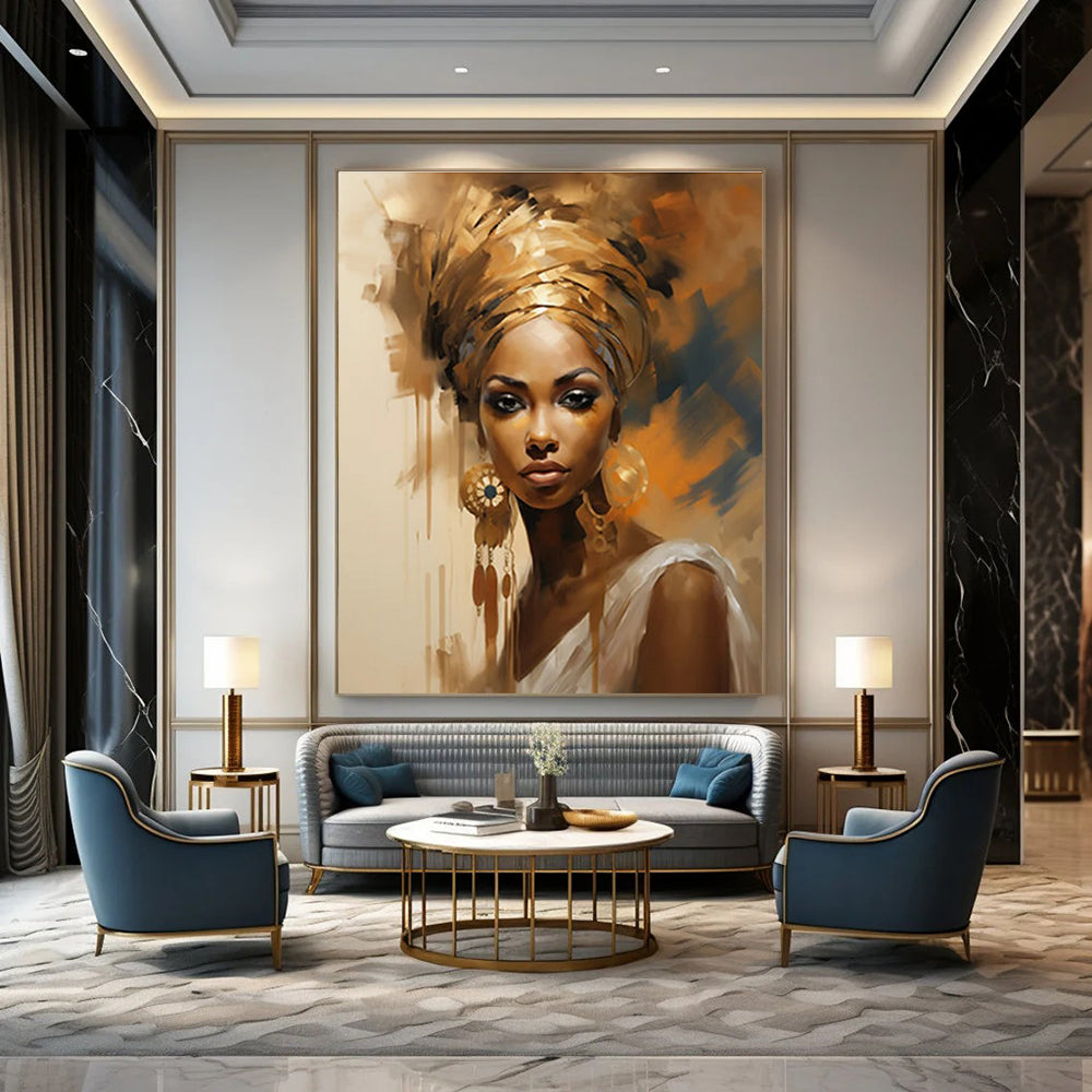 Golden - Hued Portrait with Ornate Details Abstract Painting ADGE125