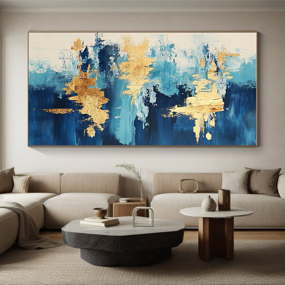 Light Blue and Gold Abstract Painting with Flowing Forms GER373