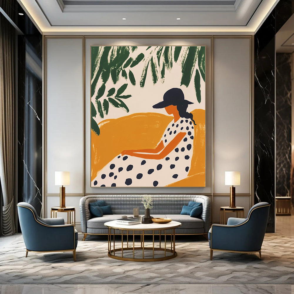 Large abstract artwork featuring a woman on a chaise lounge with minimalistic shapes and greenery on a white background in Matisse style.STSC1263
