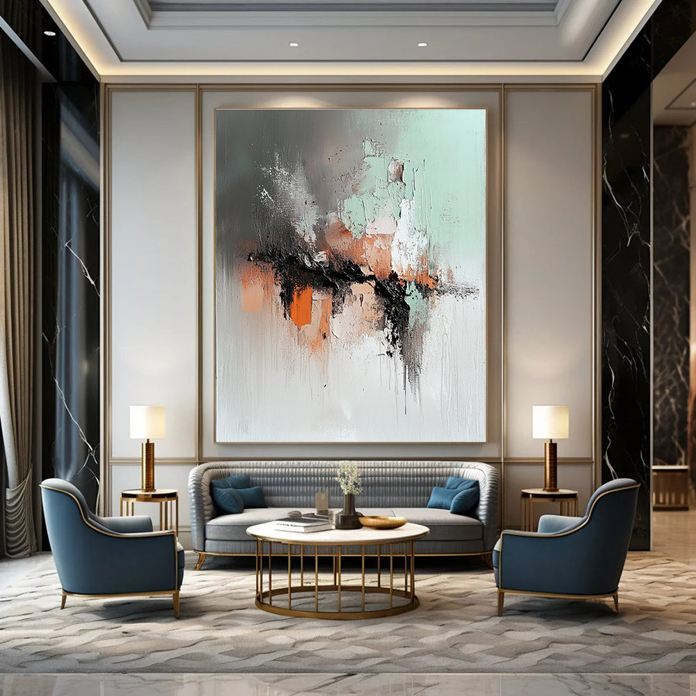 Large abstract painting featuring soft gray mint green and rust orange with a dark brown lava flow and a blurred silhouette walking away.STSC795