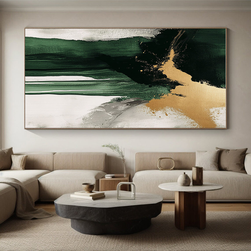 Green Gold Gray and White Abstract Painting with Dramatic Drips GER634