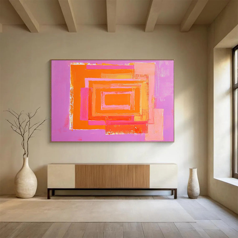 A large abstract painting featuring a pink and orange pastel maze with bold shapes and ample negative space.SC539