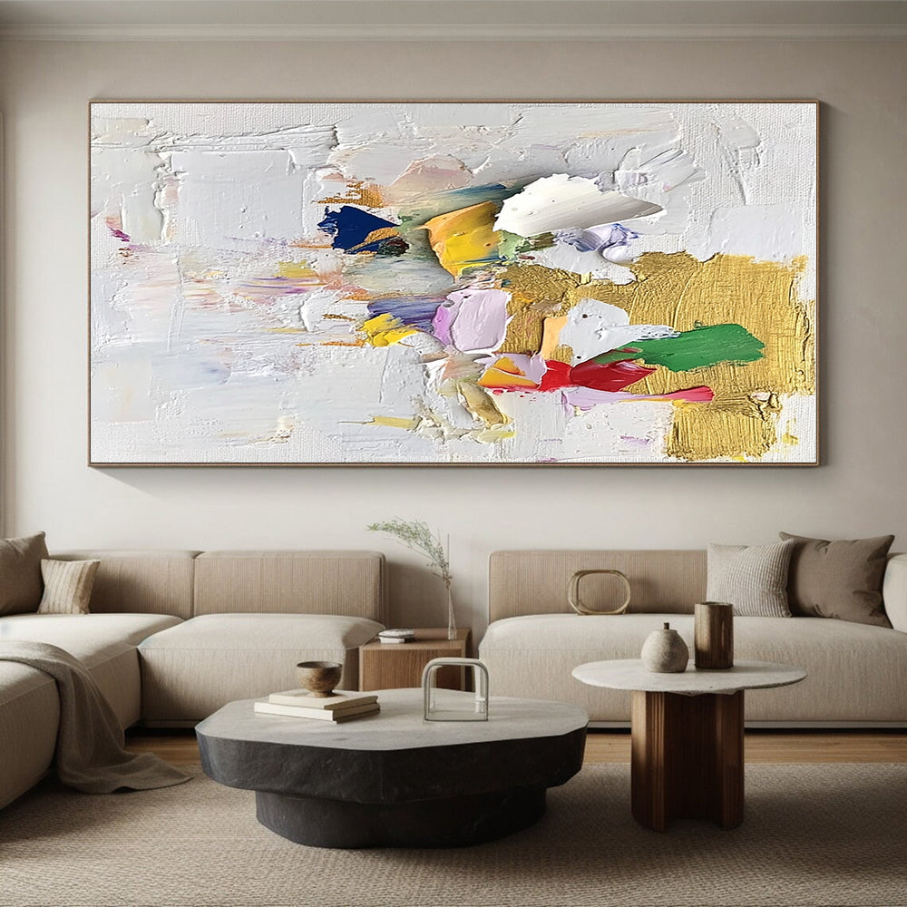 Vibrant Textured Abstract Painting with Gold and Colorful Shapes GER621