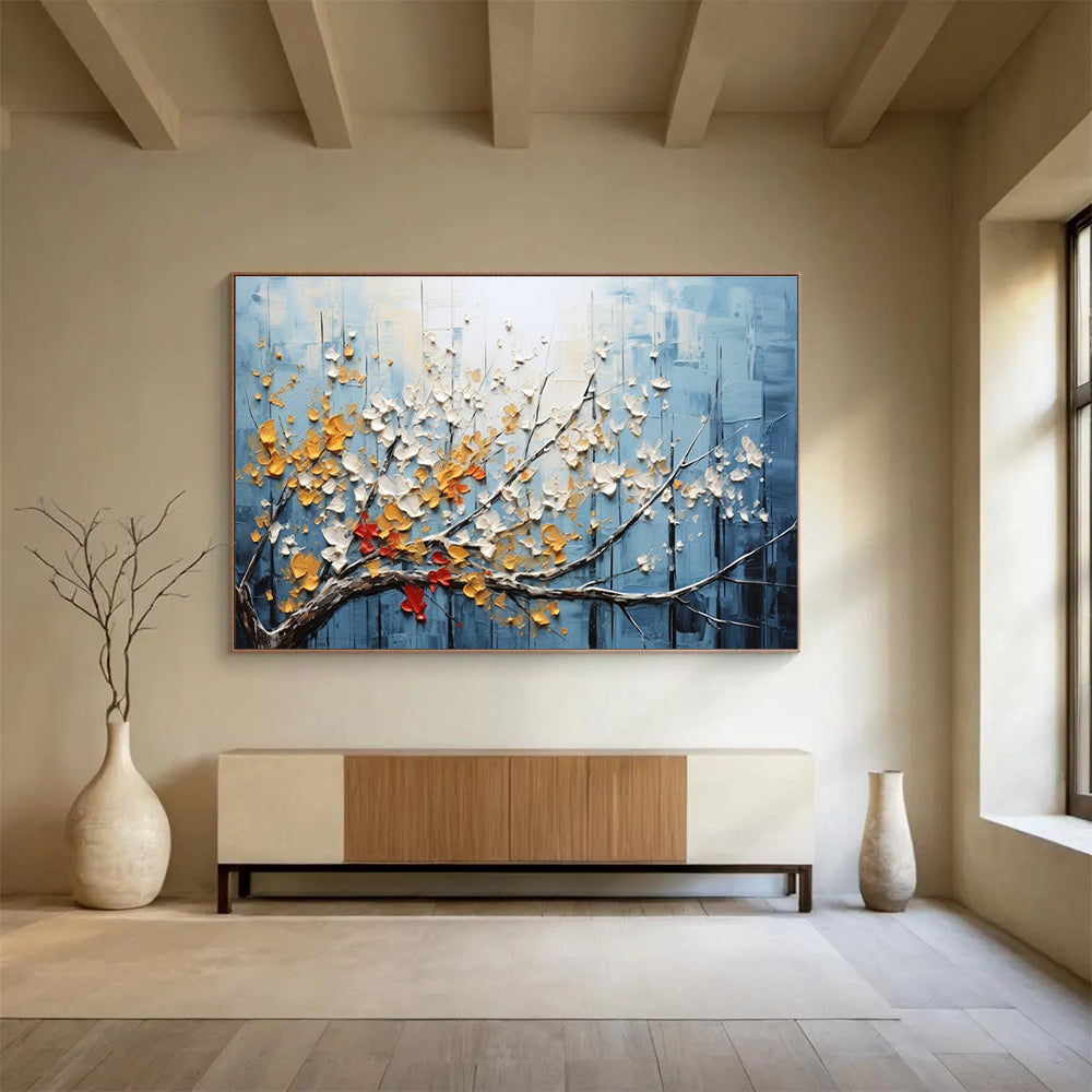 Textured Tree Abstract Painting with Blue, White, and Yellow Tones THY160