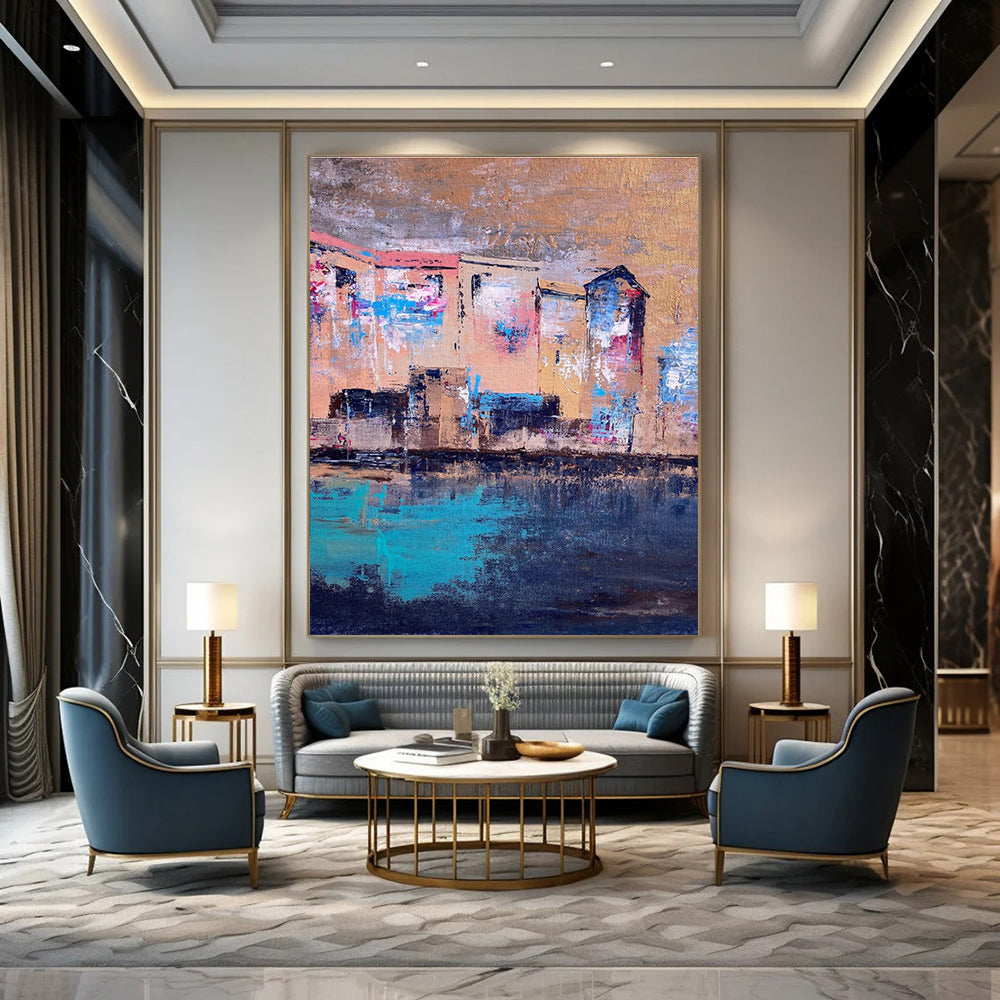 Riverside Houses Abstract Painting with Warm and Cool Tones ADGE460