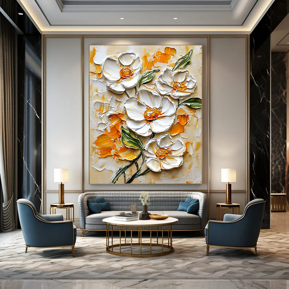 Large abstract painting of white flowers with orange and yellow accents on a beige background in impasto style with intricate details.STSC1397