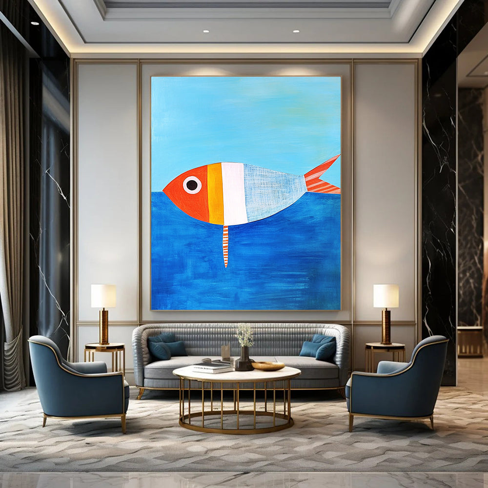 A large abstract painting featuring a simple paper fish in Matisse style against blue water with an orange and white striped tail.STSC1187