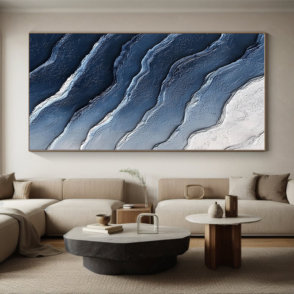 Blue and White Wave Abstract Painting with Textured Ridges GER072