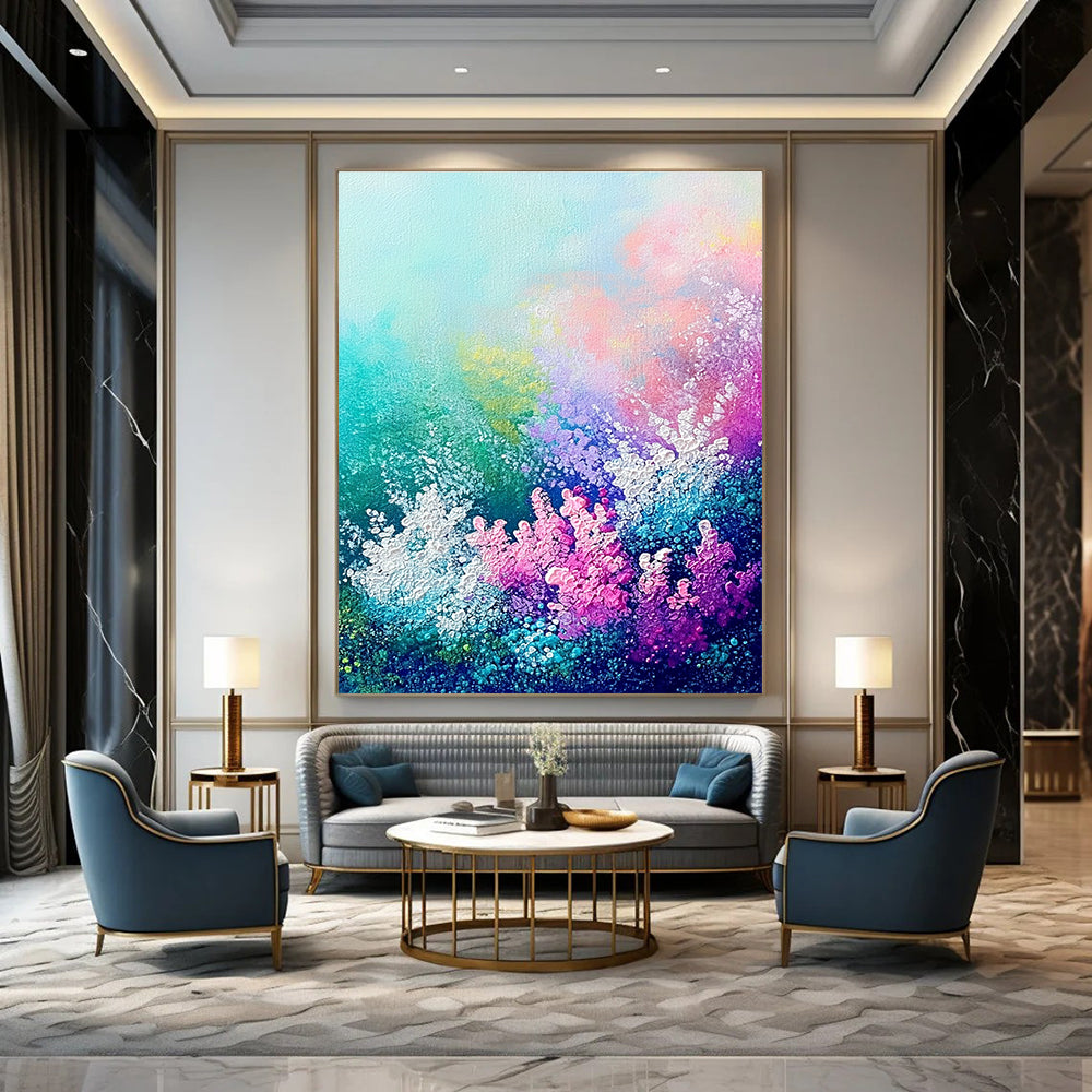 Large abstract painting of an underwater garden featuring vibrant coral sea flowers and plants in soft pastel hues.STSC1119