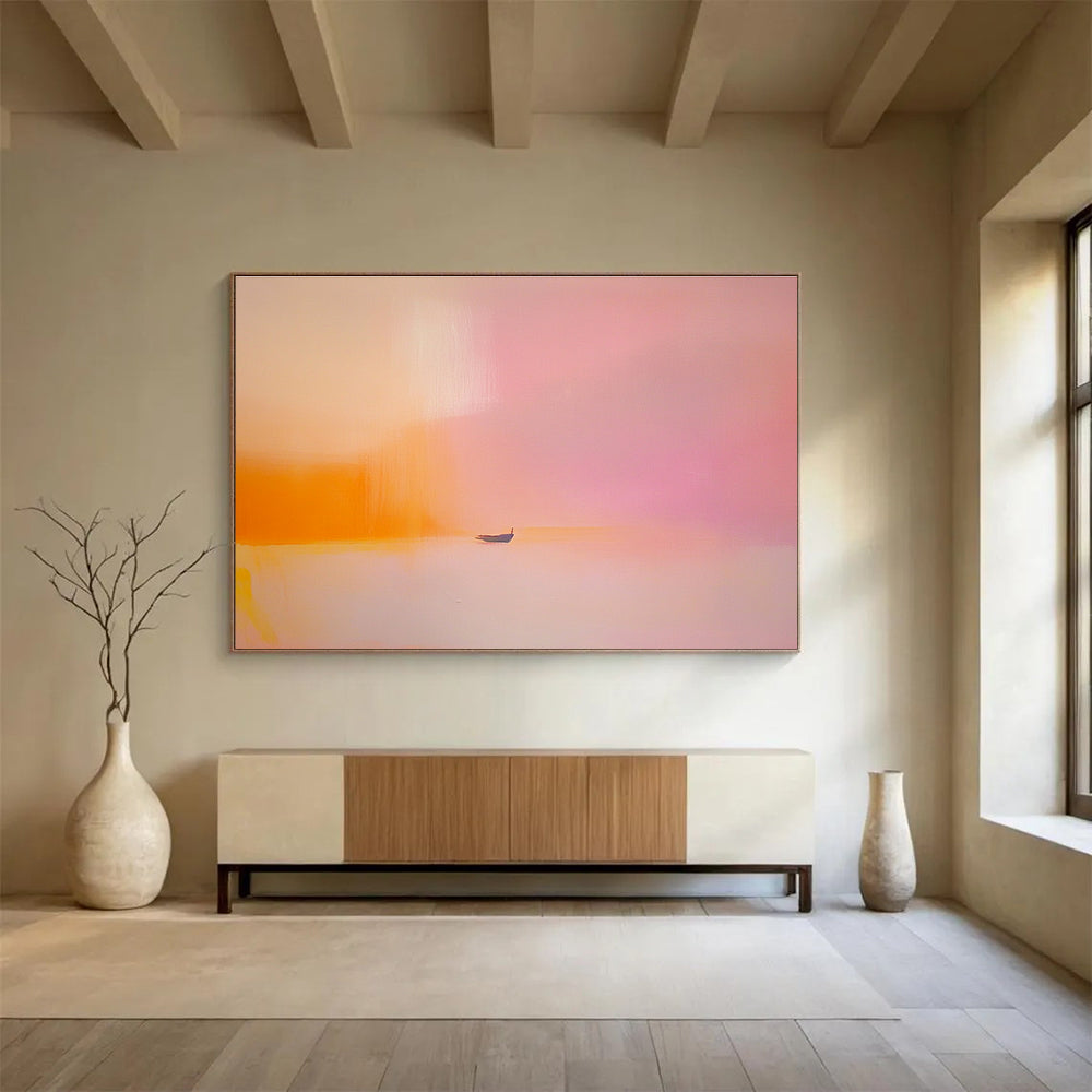 Pink Orange Minimalist Abstract Painting with a Small Boat DYP488