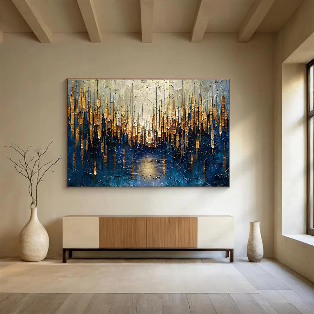 Golden Forest Abstract Painting with Blue and Gold Tones THY157