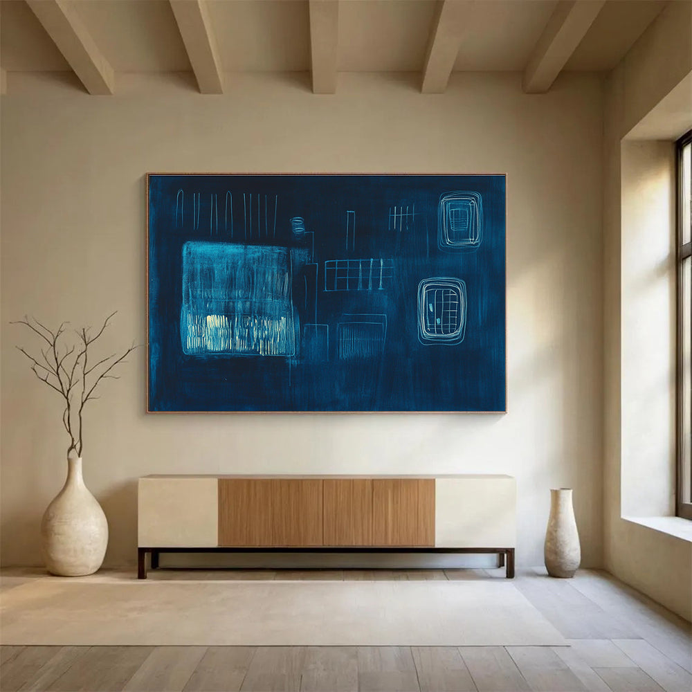 Dark Blue Abstract Composition Painting with Light Blue Lines DYP506
