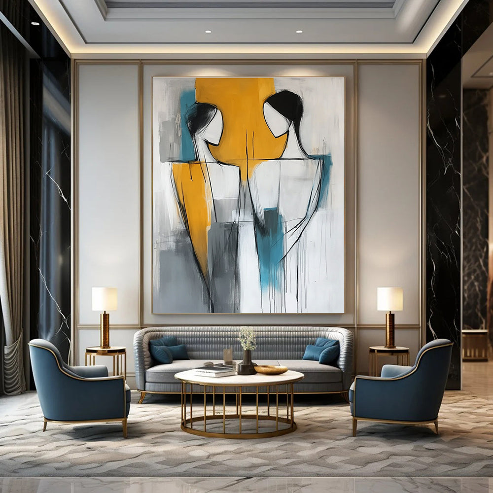 Abstract modern painting featuring two figures in yellow gray and blue colors showcasing contemporary art style.STSC135