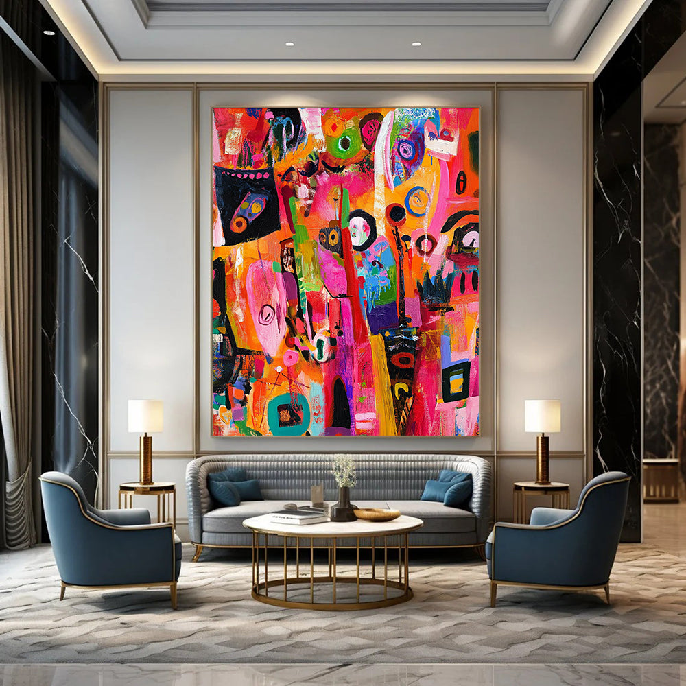 A vibrant abstract painting showcasing urban chaos with lively characters and dynamic patterns in bright colors highlighting intricate details and expressive faces.STSC1218