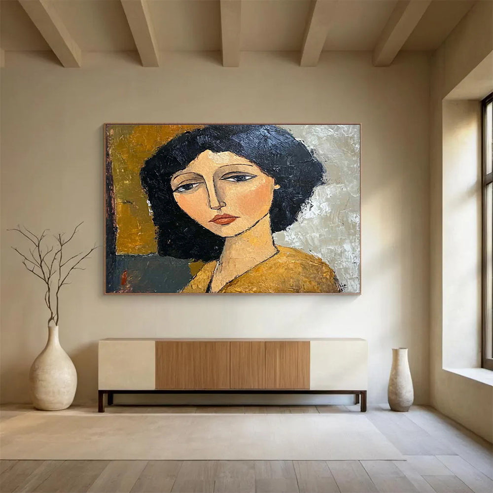 Stylized Portrait Abstract Painting with Simplified Forms and Earth Tones THY248