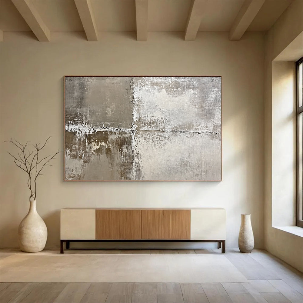 Abstract painting featuring an aged textured canvas in soft neutral tones evoking nostalgia with weathered effects of grays and whites.SC445
