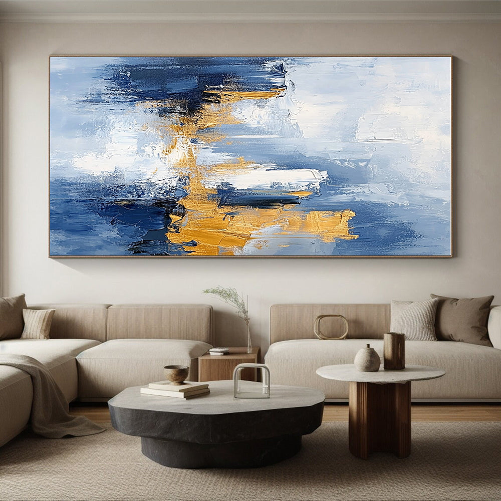 Sky Blue and Gold Abstract Painting with Urban Skylines GER378