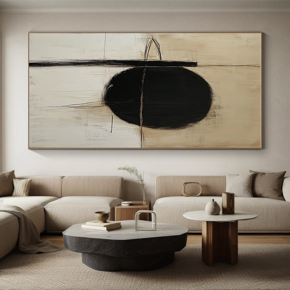 Black Circle and Lines Abstract Painting on Beige Background GER010
