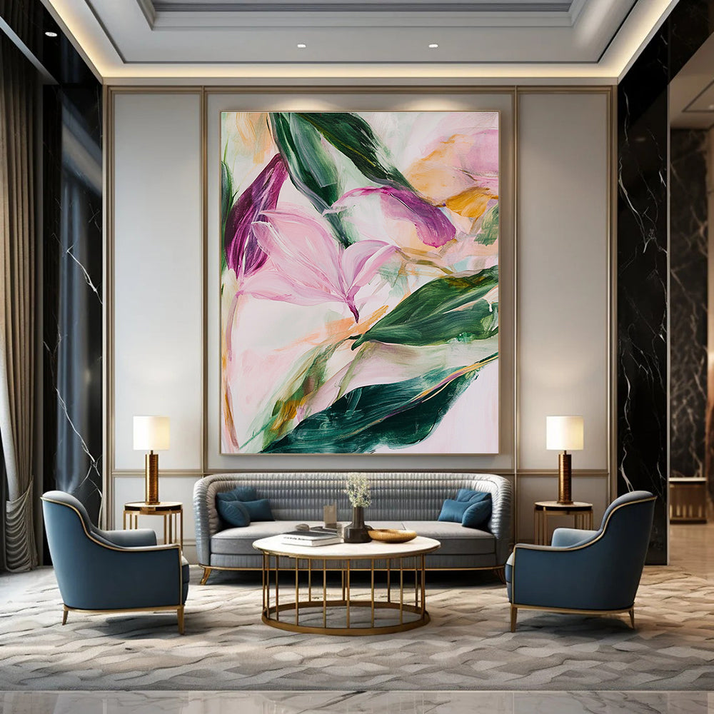 Large abstract painting featuring soft pink and green leaves and flowers with thick brush strokes and a loose style.STSC315