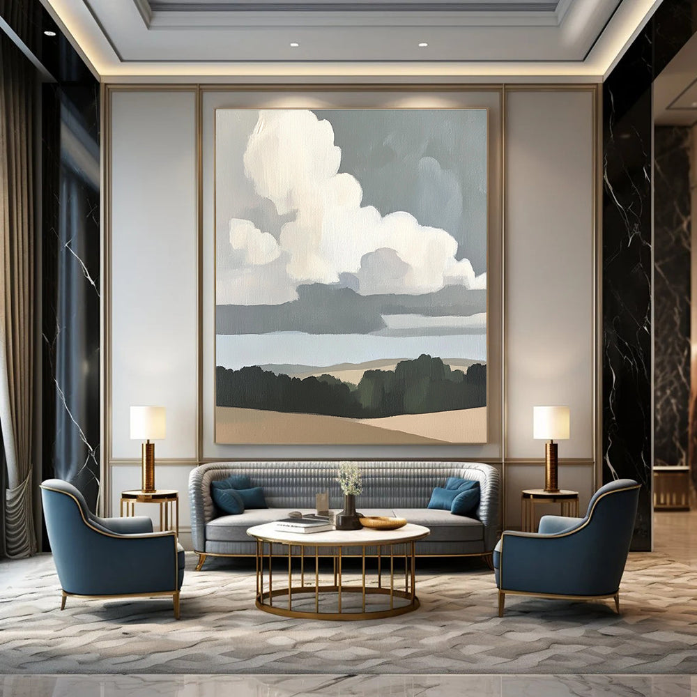 Abstract painting of clouds over plains featuring neutral colors and soft tones inspired by Merian and Morris with thick brush strokes.STSC1390