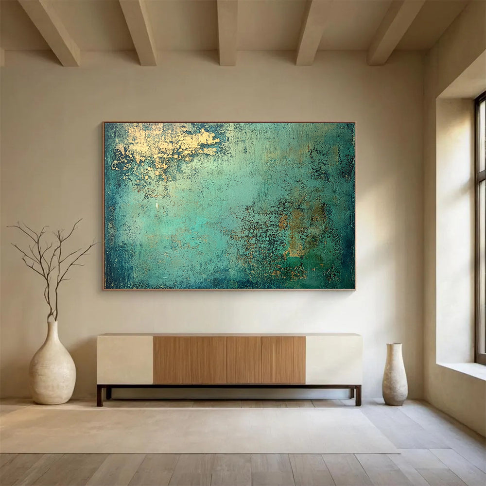 An abstract painting highlighting molten copper with a vibrant patina of green and blue, inspired by the style of Jeremy Mann.SC593