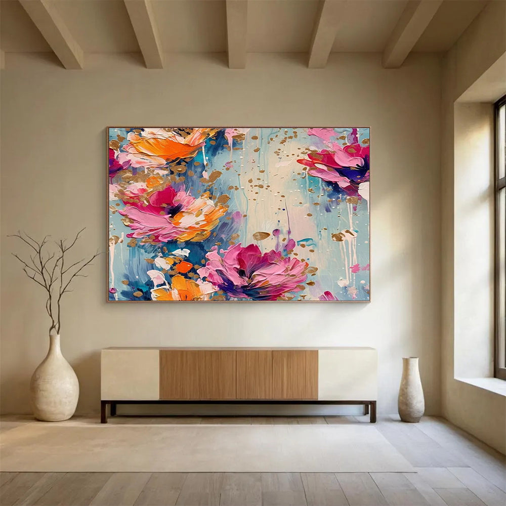 Gold - Speckled Floral Abstract Painting with Pink, Orange, and Blue Tones THY307