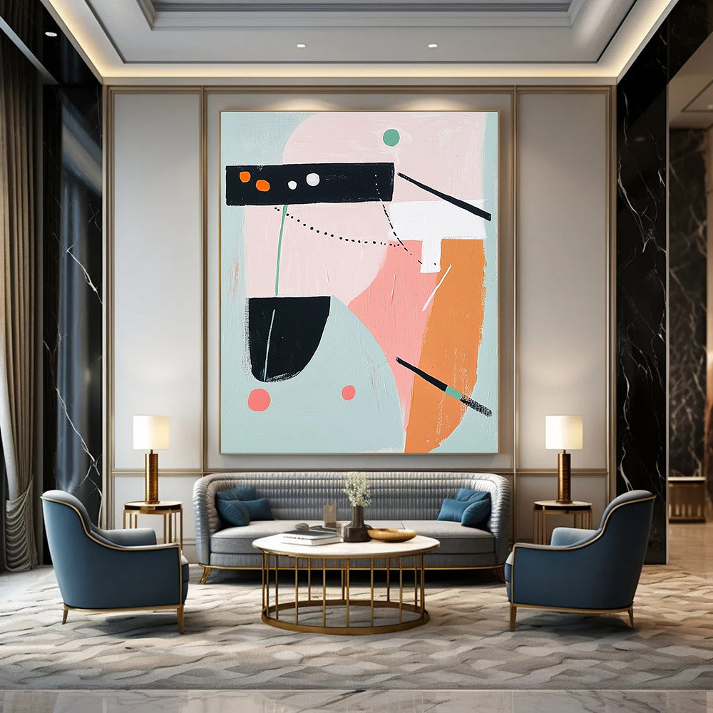 Abstract painting featuring bold shapes and lines in pink grey orange teal green and black and white evoking airplane elements with thick brush strokes.STSC691