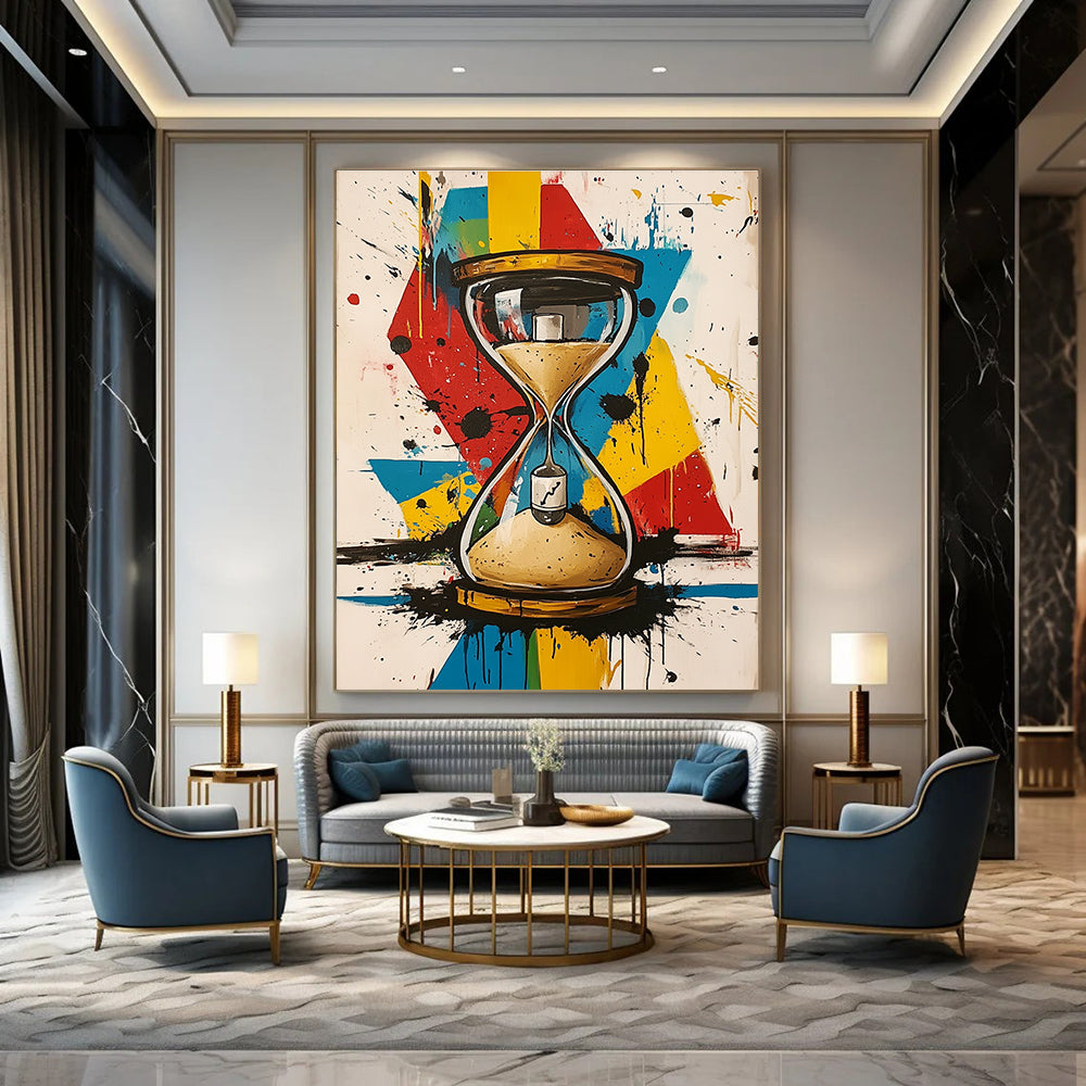 A large abstract painting featuring an hourglass with a bottle in the sand and a vibrant geometric background with paint splatters.STSC853