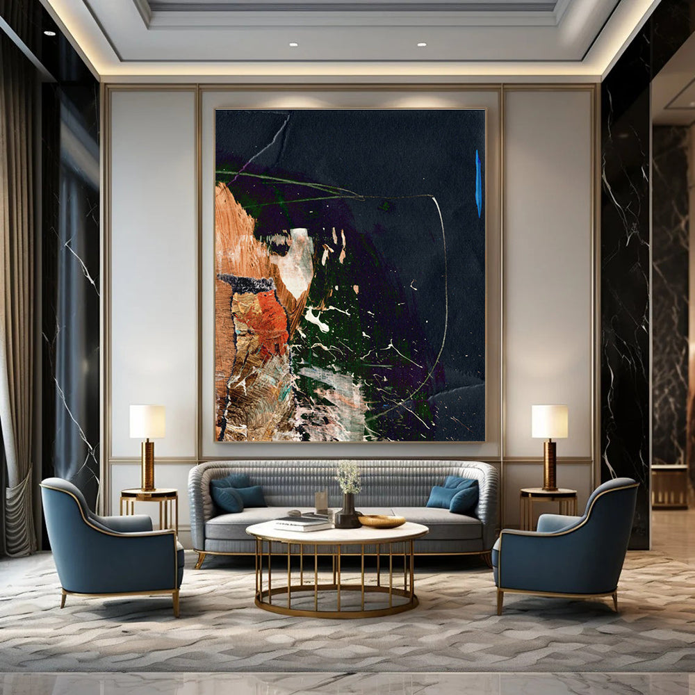Dark Collage with Vibrant Accents Abstract Painting ADGE170