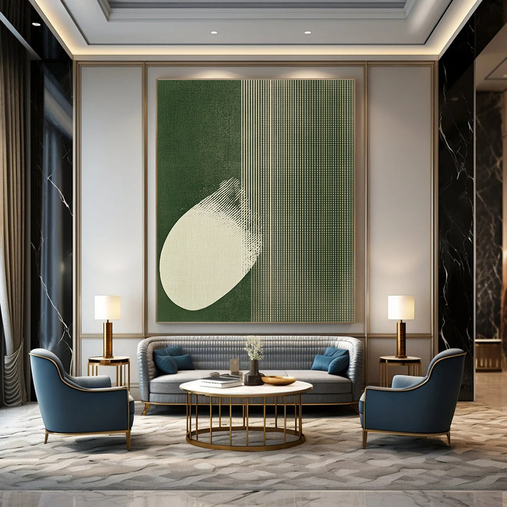Large abstract artwork featuring white polka dots on emerald green with butterfly wings, creating a calm minimalist textile-inspired design.STSC1037